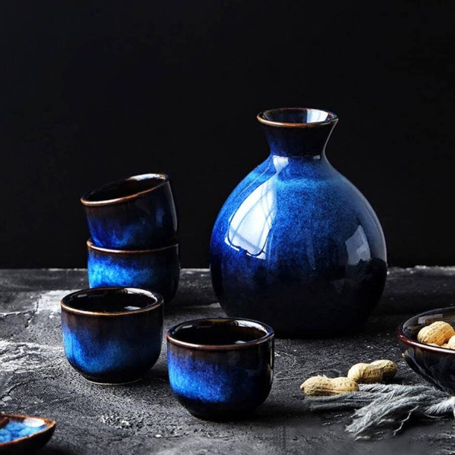 Fine Asianliving Sake Set Giftbox Blauw Handgemaakt Hiraya Set 5 Japanse Sake Set Sake Servies Sakefles Sake kopjes