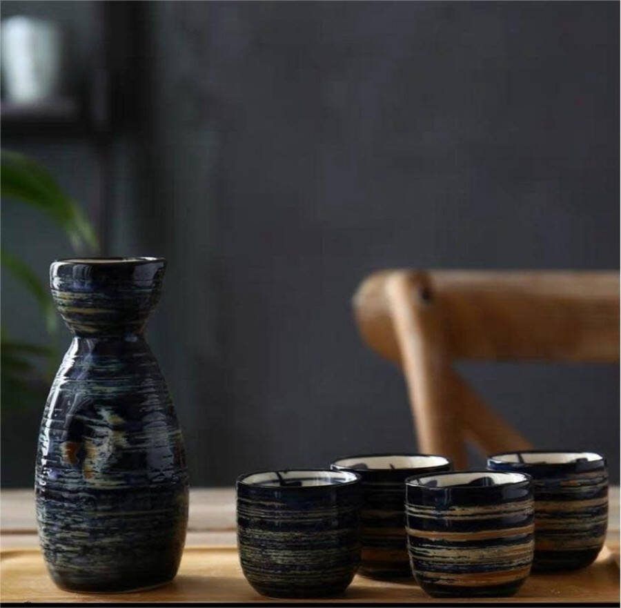 Fine Asianliving Sake Set Giftbox Blauw Oranje Strepen Blessing Handgemaakt Ikusaka Set 5 Japanse Sake Set Sake Servies Sakefles Sake kopjes