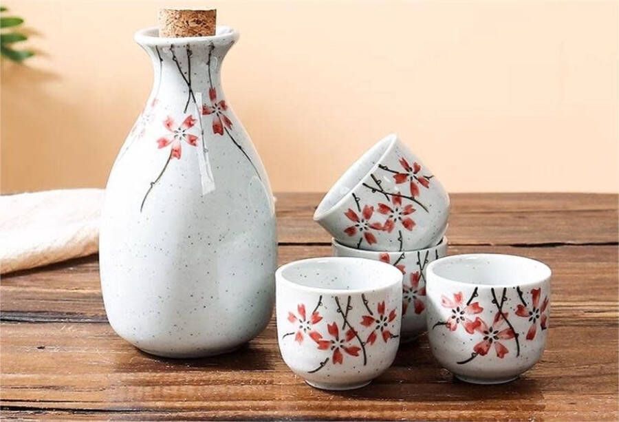 Fine Asianliving Sake Set Giftbox Rood Sakura Handgemaakt Ohira Set 5 Japanse Sake Set Sake Servies Sakefles Sake kopjes