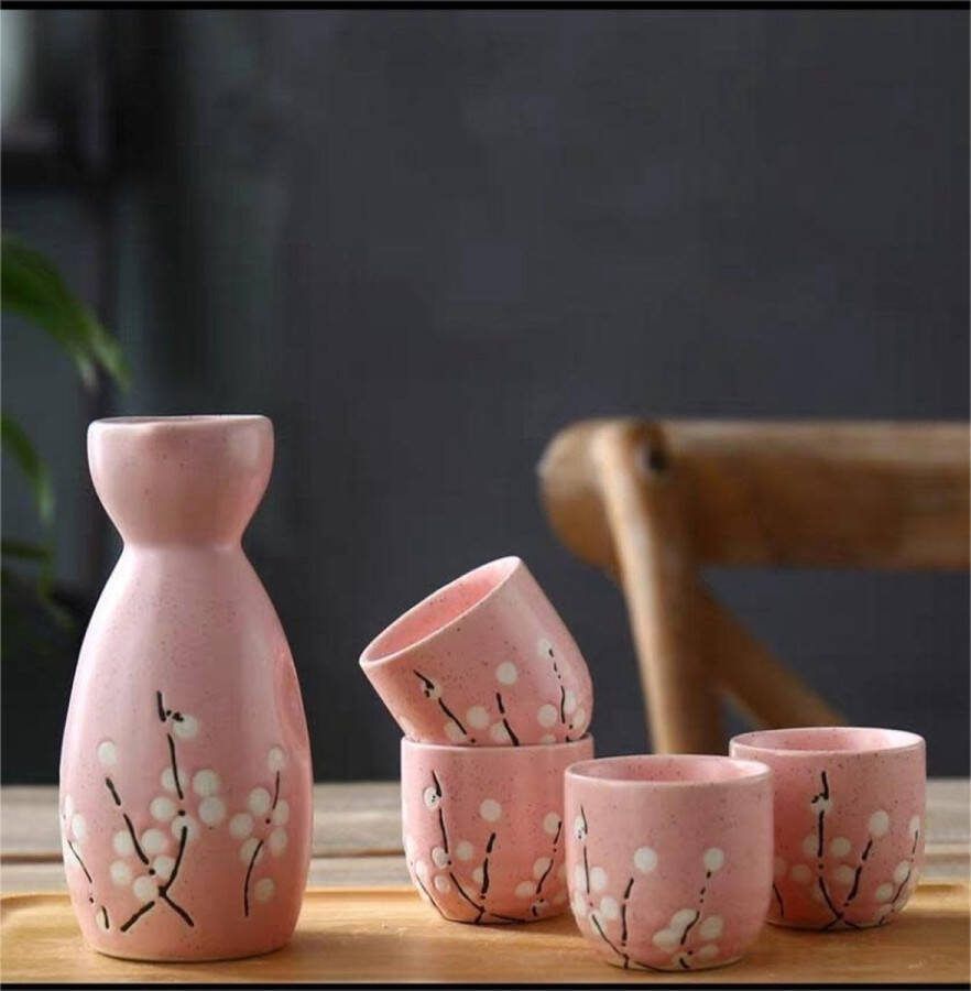 Fine Asianliving Sake Set Giftbox Roze Bloesems Handgemaakt Haruka Set 5 Japanse Sake Set Sake Servies Sakefles Sake kopjes