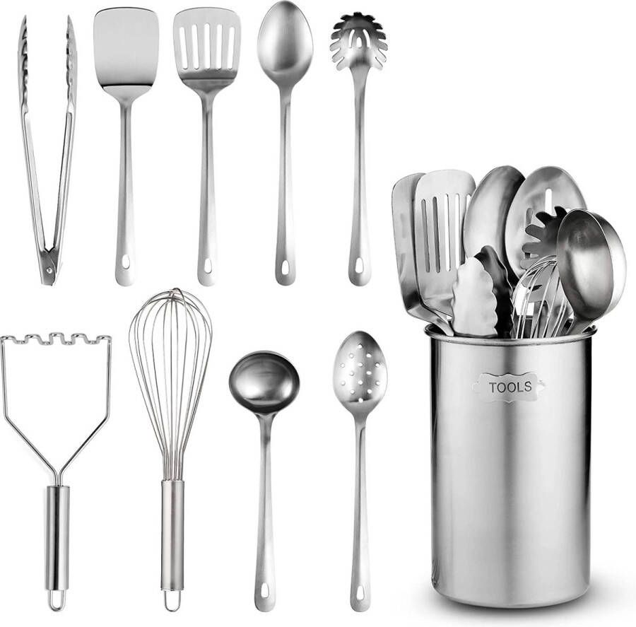 Fine Dine FineDine Keukengerei Set 10-delig roestvrijstalen kookgerei met lepels garde spatel tang pollepel puree en kookgerei houder keukenaccessoires gadgets en gereedschap