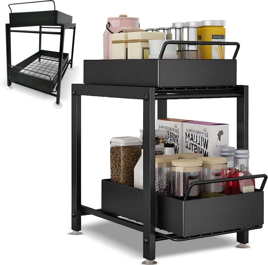 Fine Life Goods Gootsteenkast Organizer Schuiflades Keuken Organizers Aanrecht Organiser – Kruidenrek Gootsteen Organizer Zwart Ladesysteem Kast Organizer Gootsteenkast Organizer Keukenrek Tweelaags – Metaal – Antislip