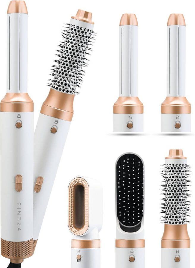 Fineza Airstyler Krultang 5 in 1 Multi Styler Föhnborstel Krulborstel Kort & Lang Haar Hairwrap Multistyler Heteluchtborstel Hairstyler Haarstyler Wit Brons