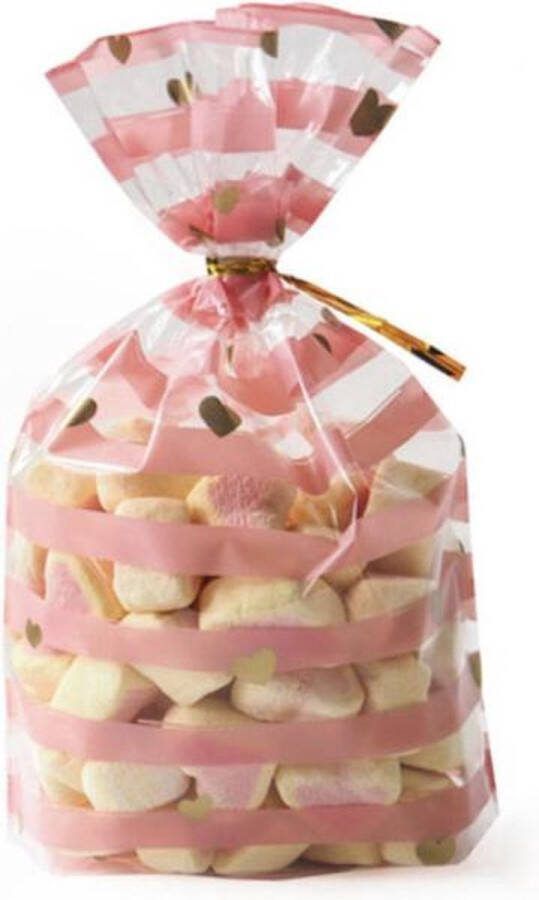 Finnacle 50 Transparante Uitdeelzakjes met Hartjes met Roze Strepen Plastic Traktatieerzakjes Giftbags Wit Doorzichtig