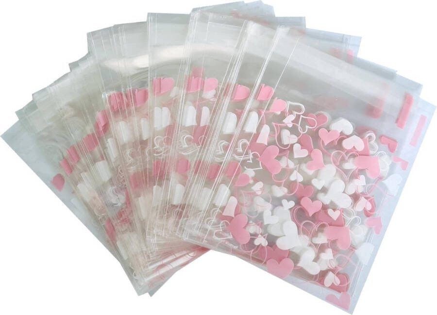Finnacle Maak indruk 100x Uitdeelzakjes 7x7cm Cellofaan Plastic Traktatie Kado Zakjes Hartjes Roze Wit Snoepzakjes Cellofaan