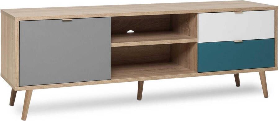 Merkloos Scandinavisch TV-meubel CUBA Eiken grijs wit en petroleumblauw decor 1 deur L 150 x D 40 x H 51 cm