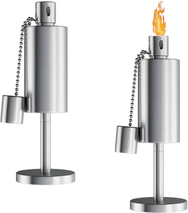 Fire & Deco Tuinfakkel olielamp met Cilindrische oliecontainer van geborsteld RVS en deksel blusdop 27 x 10 cm 2 Stuks