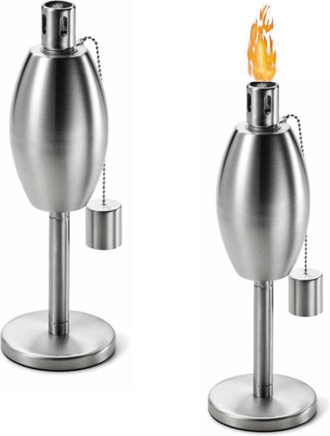 Fire & Deco Tuinfakkel olielamp met ovale oliecontainer van geborsteld RVS en deksel blusdop 27 x 10 cm 2 Stuks