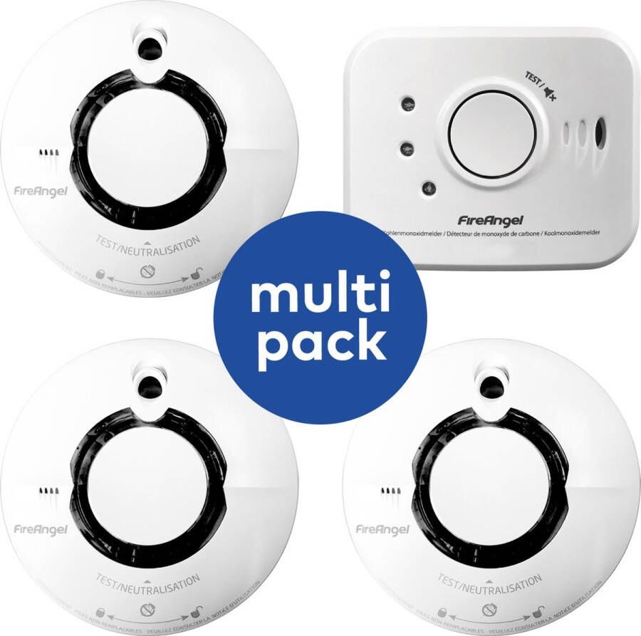 FireAngel brandpreventie set 3 rookmelder + 1 CO-melder draadloos koppelbaar WiSafe2