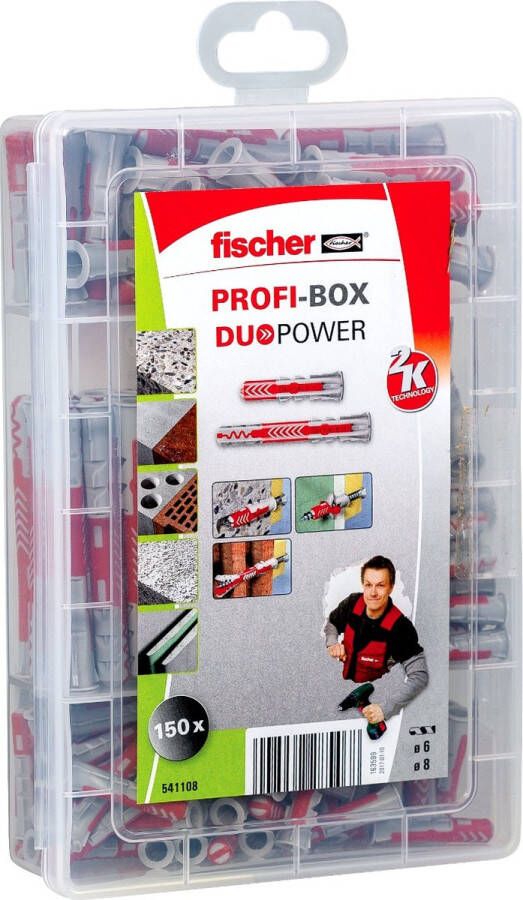 Fischer Profi-Box pluggenset DuoPower pluggen 6 en 8 mm kort en lang voor alle bouwmaterialen zelfs gipsplaat 150 stuks