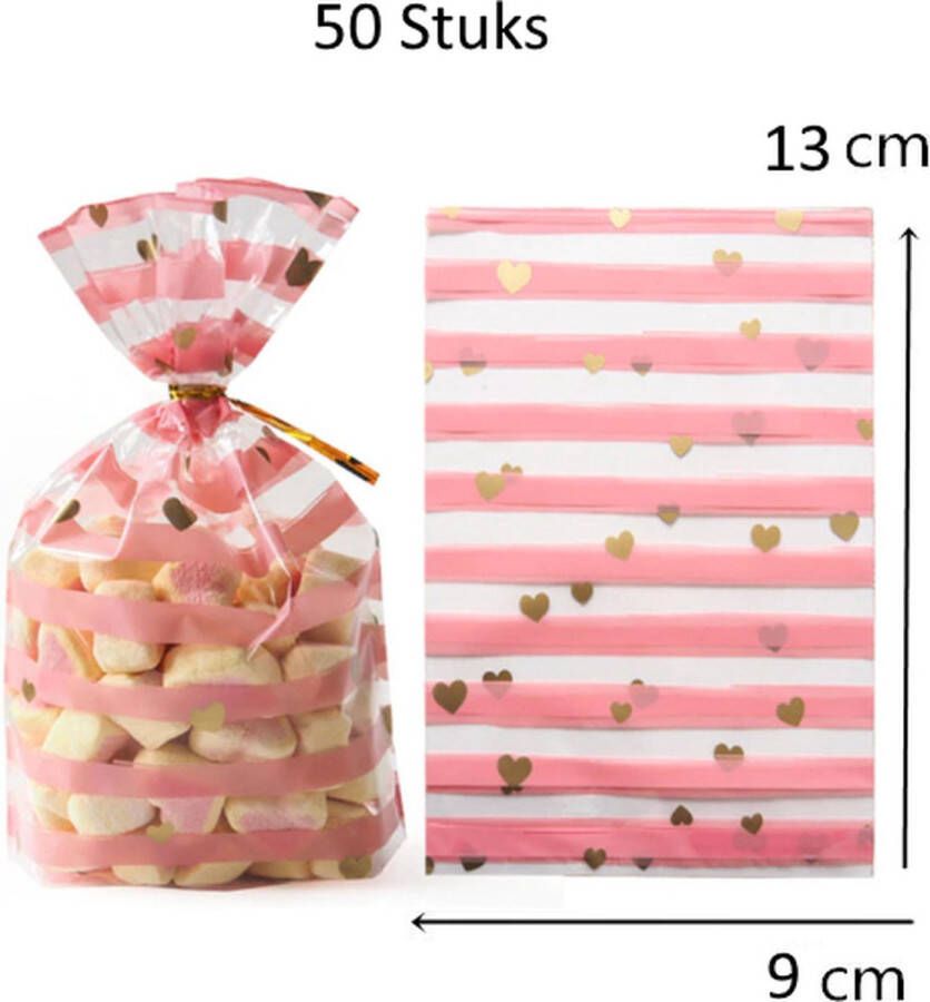 FISKA 50 x KLEINE!! Uitdeelzakjes Roze met Hartjes Uitdeelcadeau Transparante Zakjes Plastic Zakjes Traktatie Zakjes Snoepzakjes