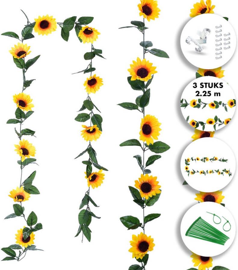 Fissaly ® 3 Stuks Zonnebloem Slinger Decoratie Set – Kunsbloemen Backdrop Planten Versiering voor Woonkamer & Feest – Kunstplant Hangplant Nepplant & Nep Plant