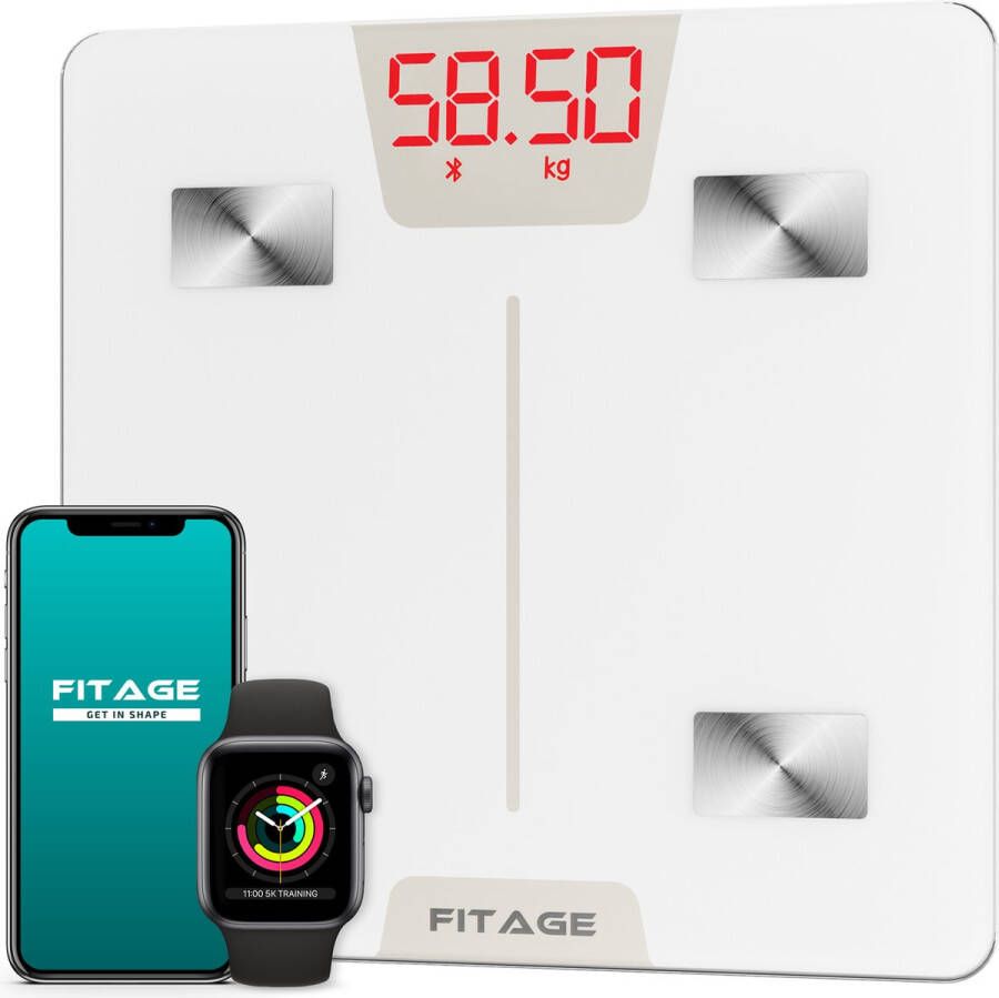 FITAGE Weegschaal Personenweegschaal Digitaal Slimme Weegschaal met 17x Lichaamsanalyse Weegschalen App Wit