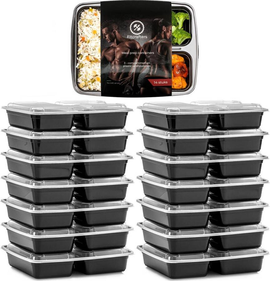 Fitcrafters Meal Prep Bakjes 14 stuks 3 compartimenten Lunchbox Diepvriesbakjes Vershoudbakjes Plastic Bakjes Met Deksel Magnetron Bakjes Met Deksel Meal Prep Vershouddoos 1L BPA vrij