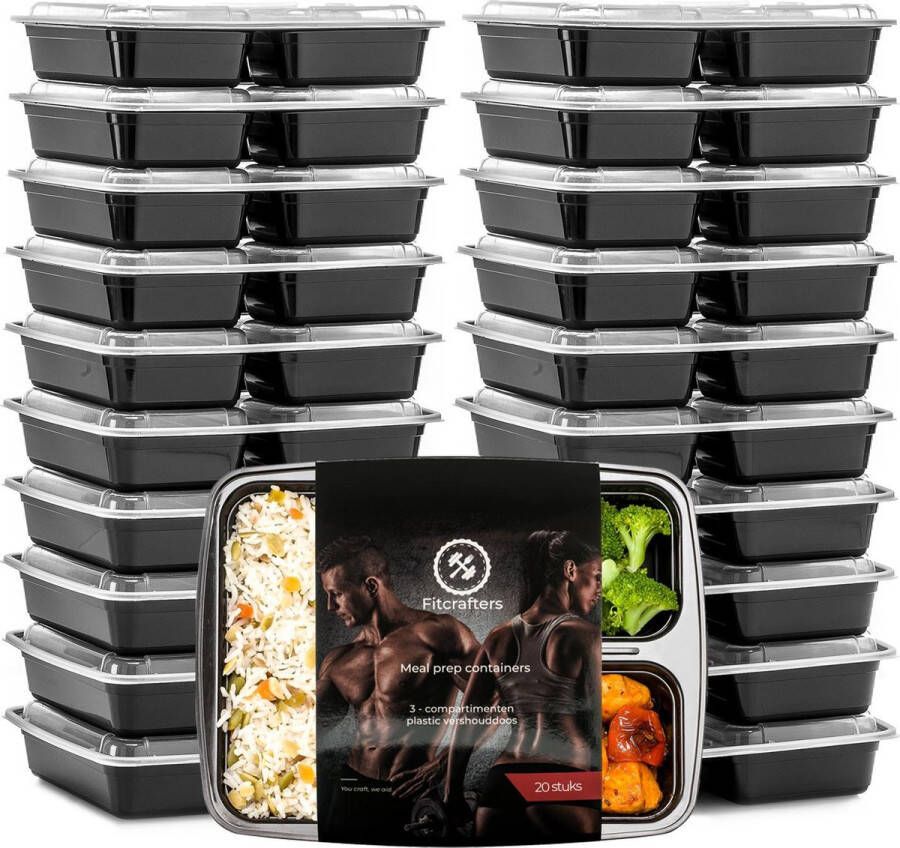 Fitcrafters Meal Prep Bakjes 20 stuks 3 compartimenten Lunchbox Diepvriesbakjes Vershoudbakjes Plastic Bakjes Met Deksel Magnetron Bakjes Met Deksel Meal Prep Vershouddoos 1L BPA vrij