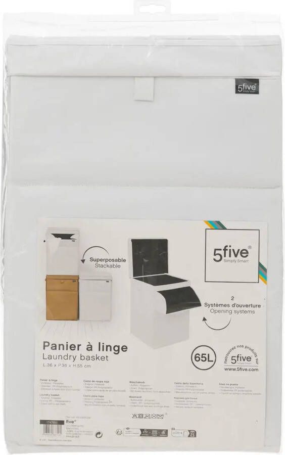 5Five Stapelbare Wasmand Eureka wit- 65 liter 36 x 36 x 55 cm deksel ingooi klep Wasmanden