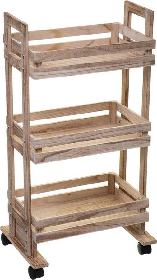 5Five Keukentrolley kast bruin hout 82 x 42 x 30 cm 3 niveaus fruitkist wijnkist Opberg trolley