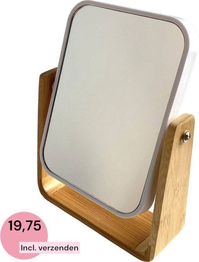 Five Staande en 3x vergrotende dubbele make-upspiegel 16x6x22 cm Inclusief verzenden Rechthoek Hout Bamboe Wit Draaibaar Verstelbaar Spiegel Make up spiegel Makeupspiegel Scheerspiegel Tafelspiegel Standaard Voet Badkamer
