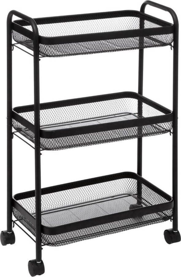 5Five Keukentrolley- zwart mesh metaal 80 x 47 x 27 cm 3 niveaus Maya keukenkast Opberg trolley