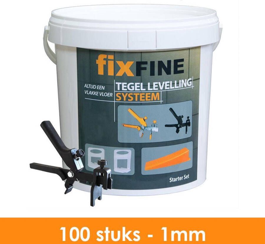 Fixfine Tegel Levelling Starter Set 100 stuks 1mm Clips Keggen en Tang Emmer van 10 Liter Geschikt voor Tegels van 3 tot 13mm Dikte