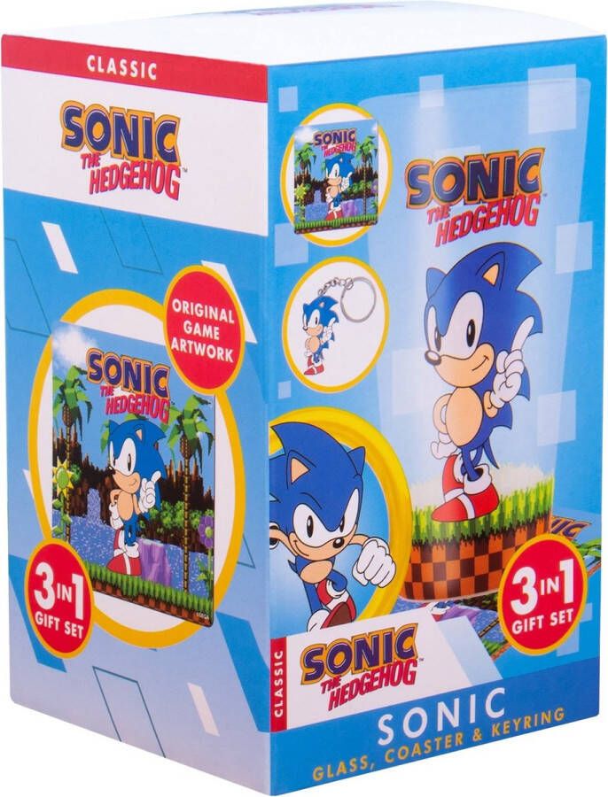 Fizz Creations Sonic The Hedgehog 3-in-1 cadeaupakket glas onderzetter sleutelhanger