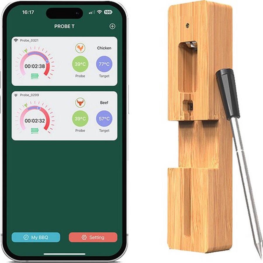 Flametech De ultieme draadloze vleesthermometer met 50m bereik Voor Oven Grill BBQ Pannen & Rotisserie Temperatuurmeter met bluetooth app