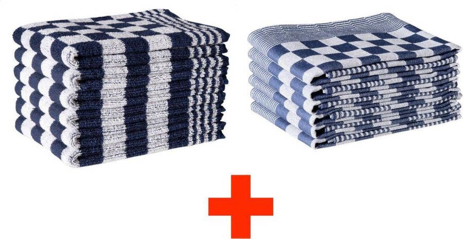 FLAXLIN Theedoek- en Keukenhanddoek Set 6 Theedoeken + 6 Keukendoeken Keukenhanddoek set Theedoek set Keukendoek set Blauw-Wit Geblokt