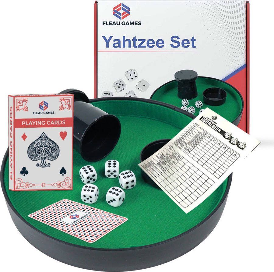 Fleau Games Yahtzee Set Dobbelsteenbak Kaartenset 100 Scoreblaadjes Dobbelset Pokerpiste Dobbelspel Gezelschapsspel voor Kinderen Volwassenen Spel Kunstleer