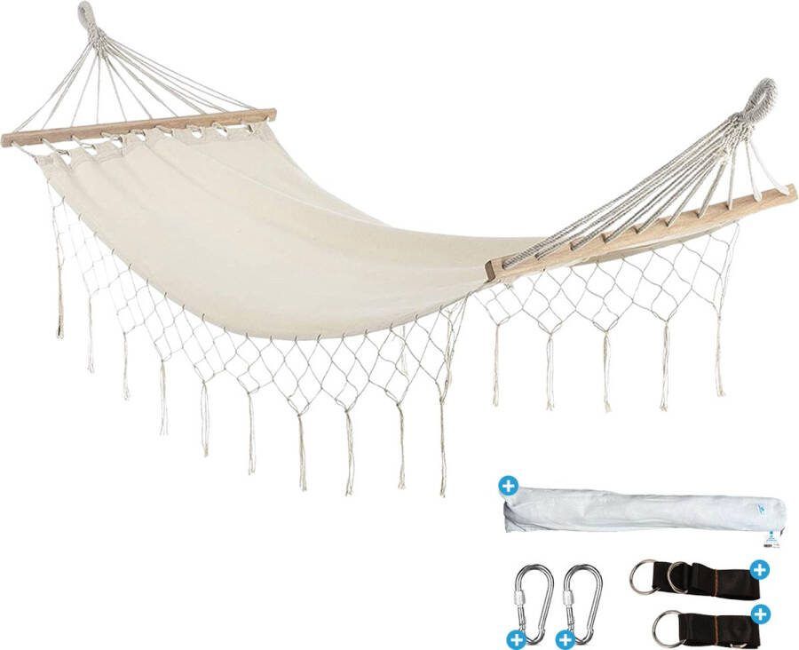 Fleau Goods Luxe Hangmat met Spreidstok Sierlijke Franje 100% Katoen Inclusief ophangmateriaal & Draagtas 100 x 200cm Geen Standaard