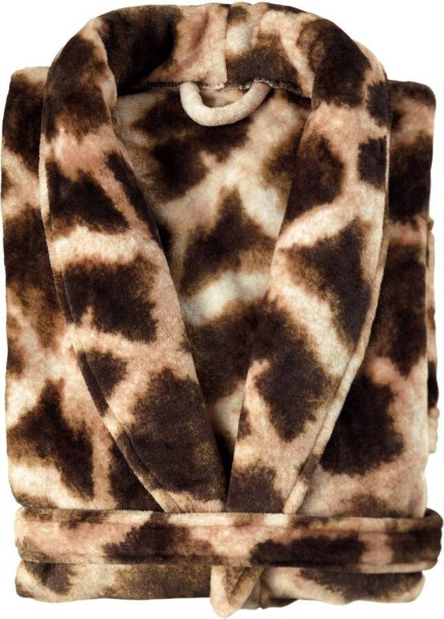 FLEECEBADJAS Stijlvolle fleece dames badjas Giraffe maat L superzacht en comfortabel lang model met ceintuur zakken en een kraag