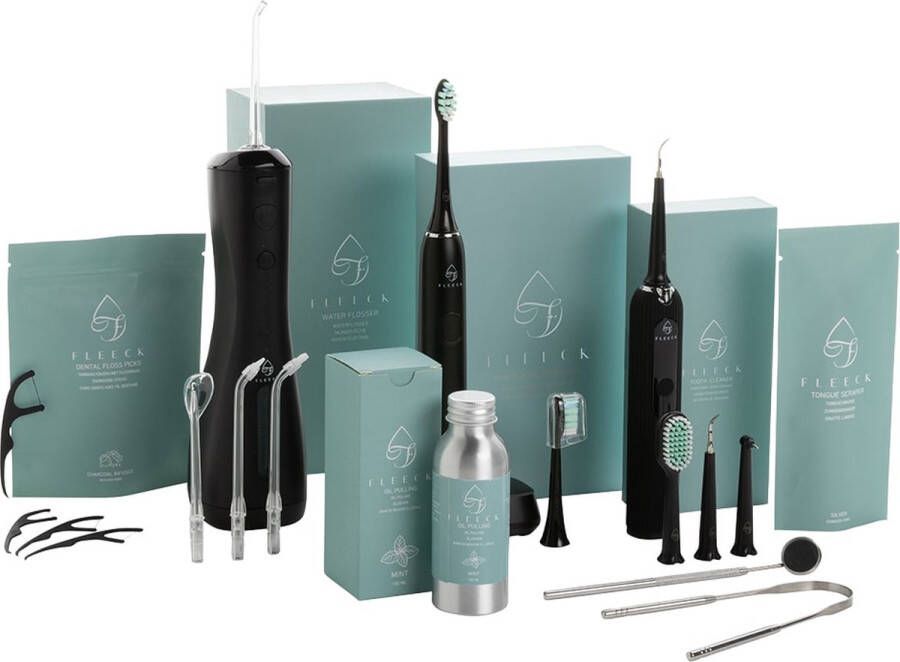 Fleeck Tandvleesverzorging Pakket Flossen en Poetsen Voor Gezond Tandvlees Tegen Gevoelig en Bloedend Tandvlees Waterflosser Elektrische Tandenborstel Oil Pulling Tandpasta Tabletten Tandenreiniger Tongschraper Tandenstokers