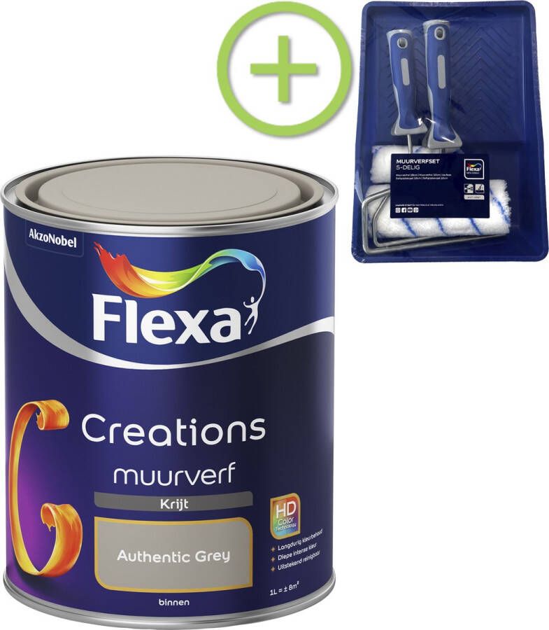 Flexa Creations Muurverf Krijt Authentic Grey 1 liter + muurverf roller 5 delig