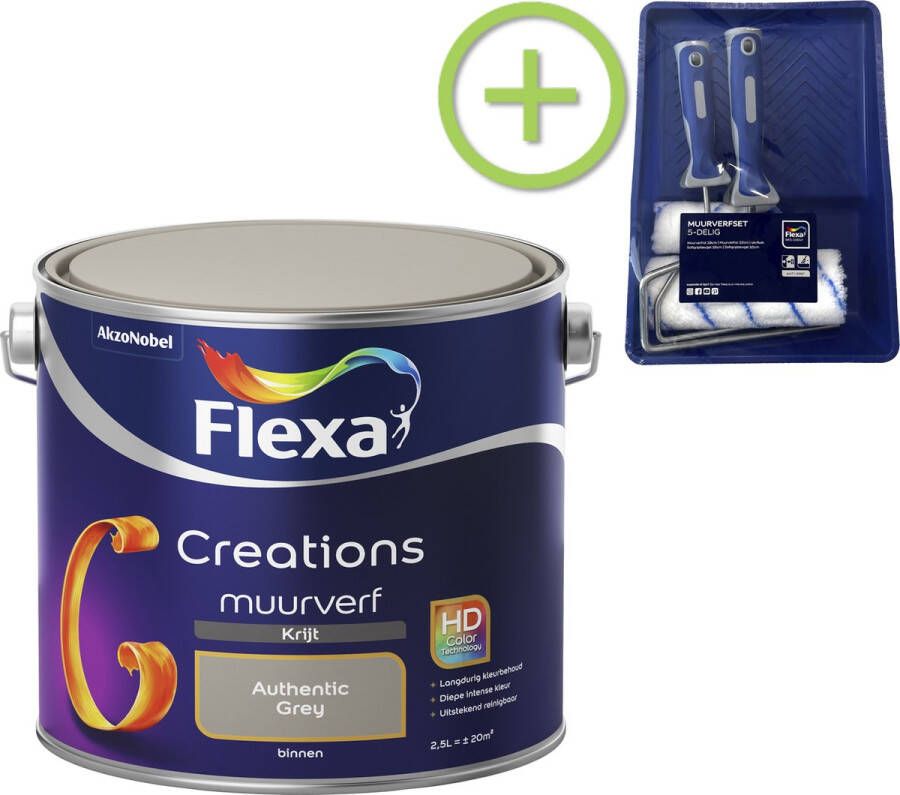 Flexa Creations Muurverf Krijt Authentic Grey 2 5 liter + muurverf roller 5 delig