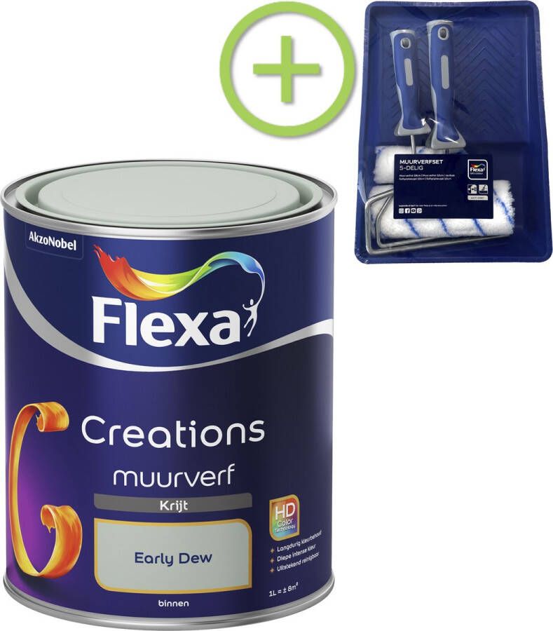 Flexa Creations Muurverf Krijt Early Dew 1 liter + muurverf roller 5 delig