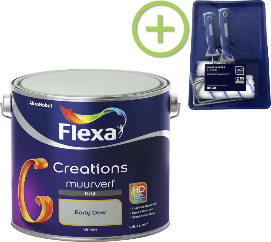 Flexa Creations Muurverf Krijt Early Dew 2 5 liter + muurverf roller 5 delig