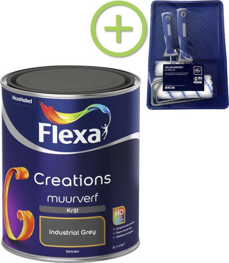 Flexa Creations Muurverf Krijt Industral Grey 1 liter + muurverf roller 5 delig