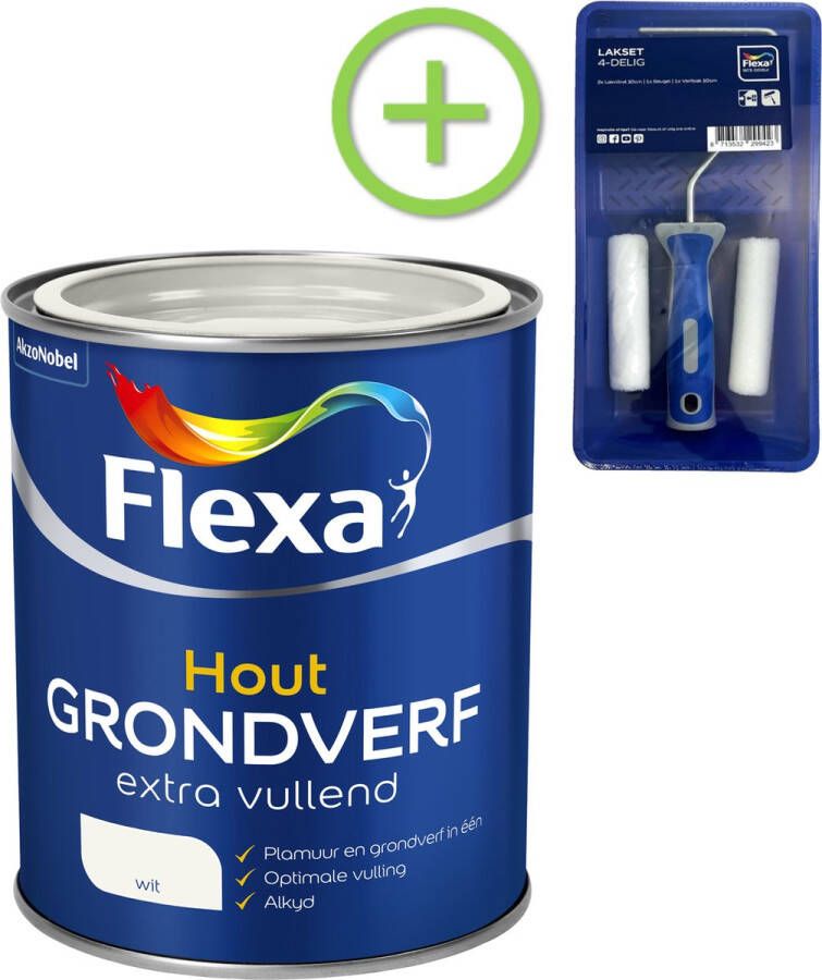 Flexa Grondverf Hout Extra Vullend Wit 750 ml + Lakroller 4 delig