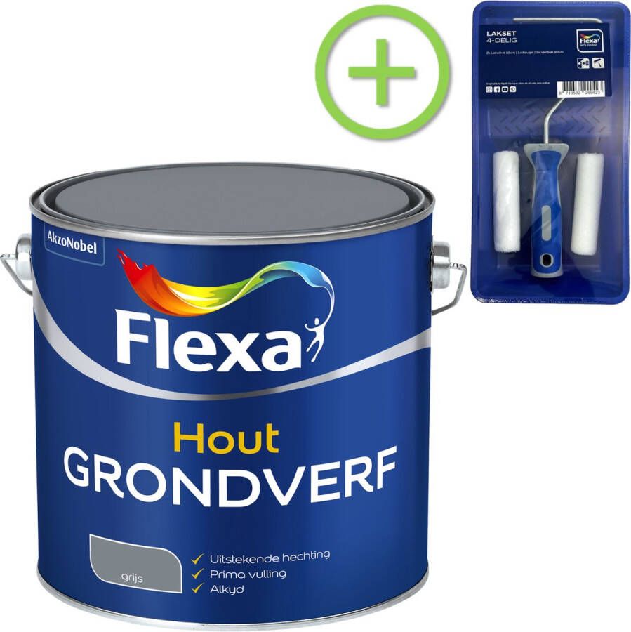 Flexa Grondverf Hout Grijs 2 5 liter + Lakroller 4 delig
