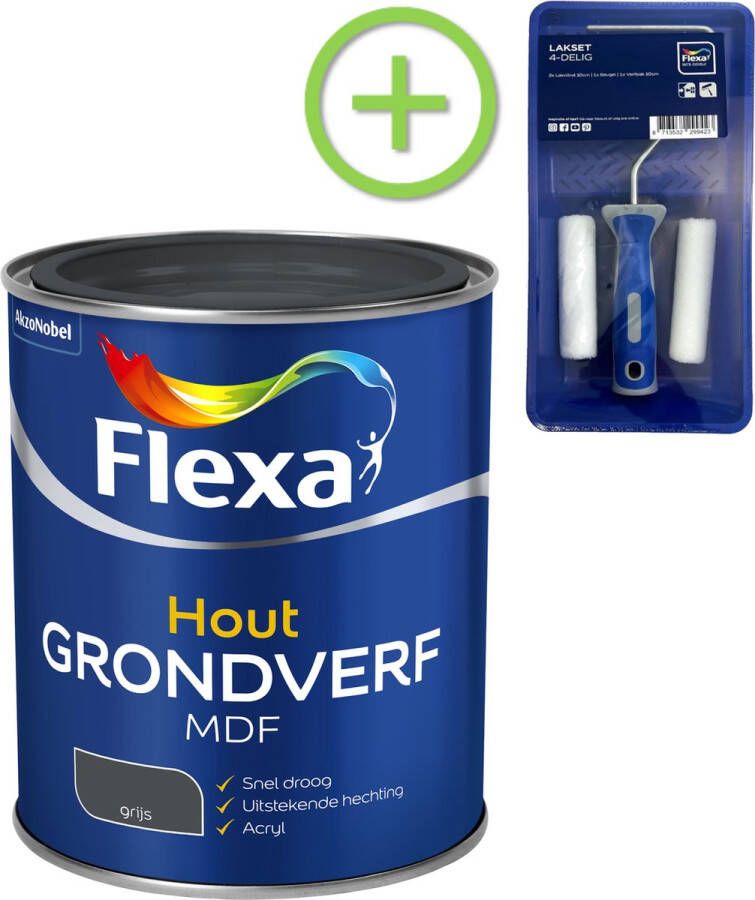 Flexa Grondverf Hout MDF Grijs 750 ml + Lakroller 4 delig