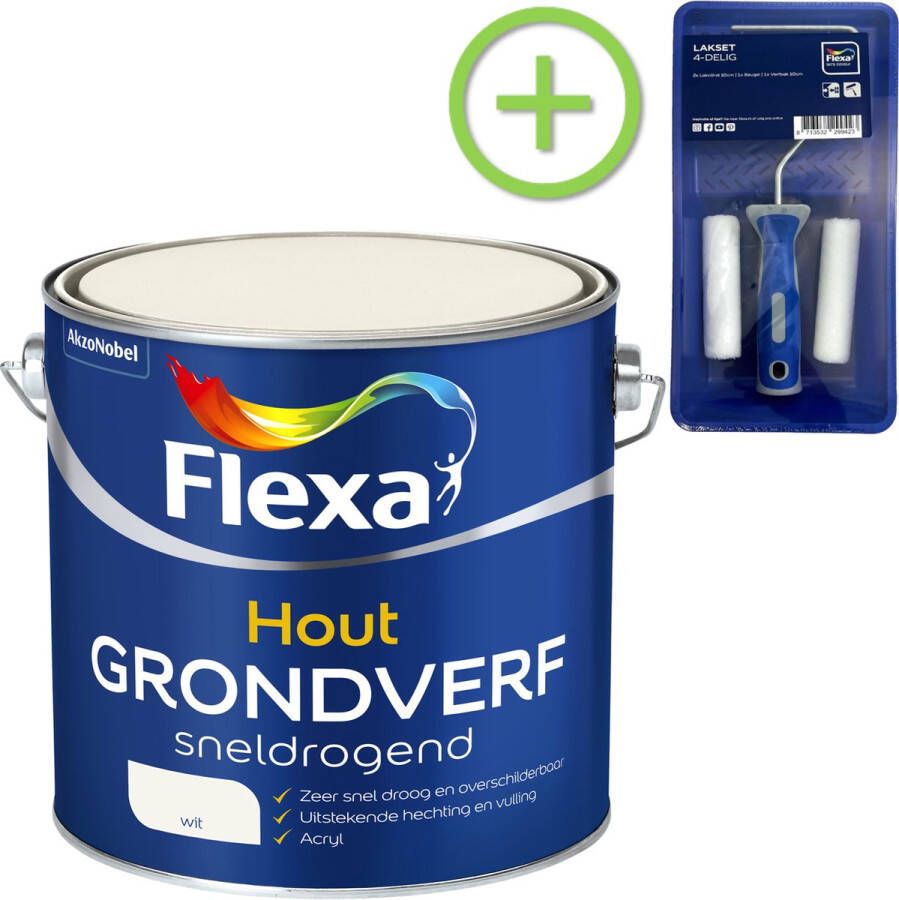 Flexa Grondverf Hout Sneldrogend Wit 2 5 liter + Lakroller 4 delig