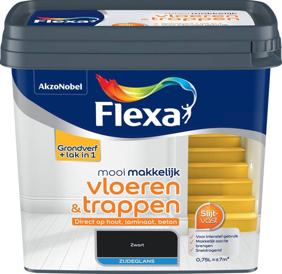 Flexa Lak Mooi Makkelijk Vloeren & Trappen Zijdeglans Zwart 750ml