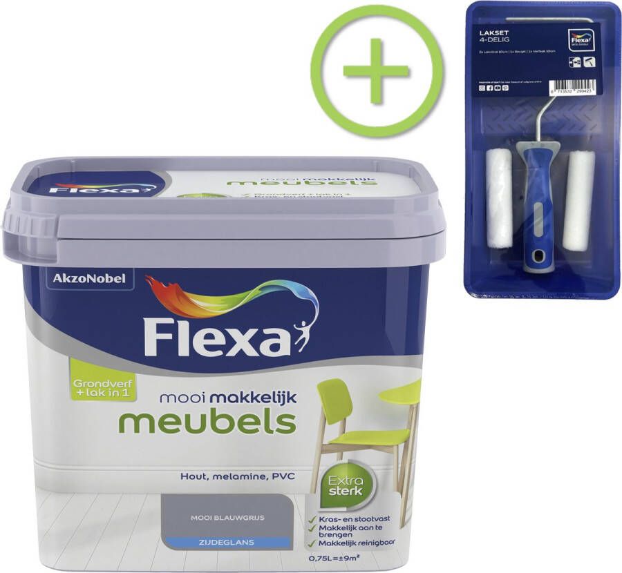 Flexa Mooi Makkelijk Meubels Mooi Blauwgrijs 750 ml + Lakroller 4 delig