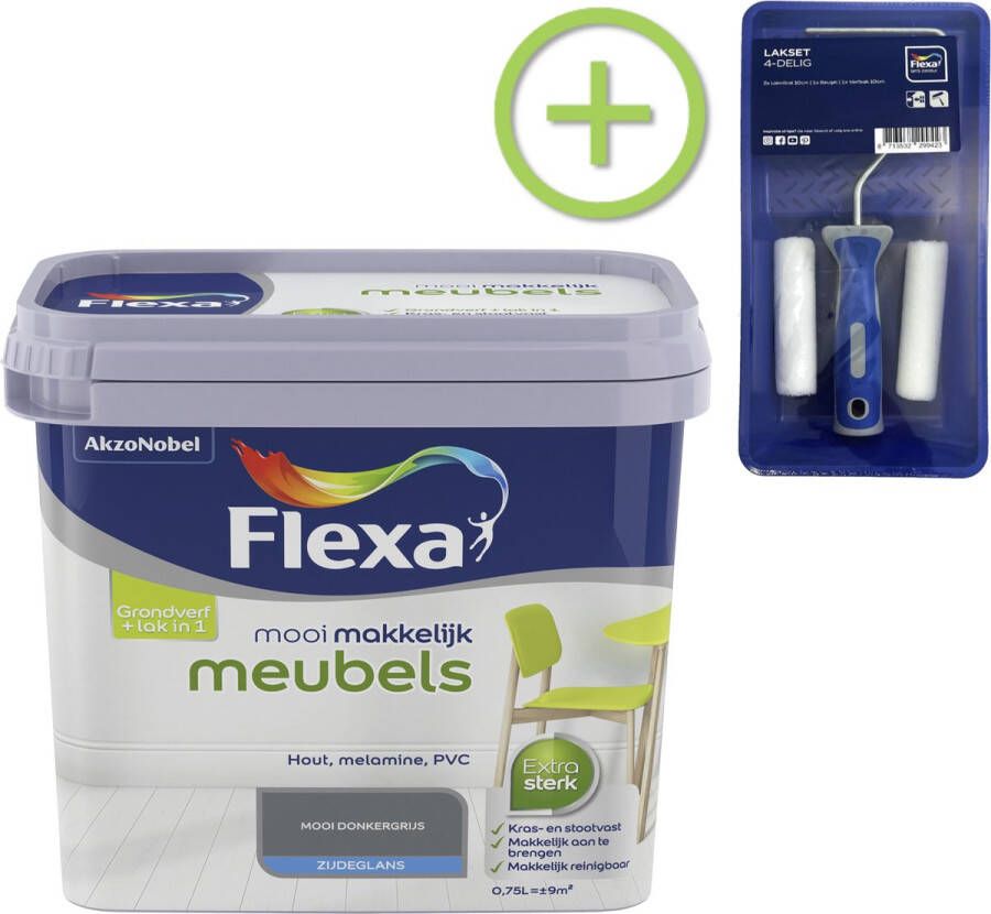 Flexa Mooi Makkelijk Meubels Mooi Donkergrijs 750 ml + Lakroller 4 delig