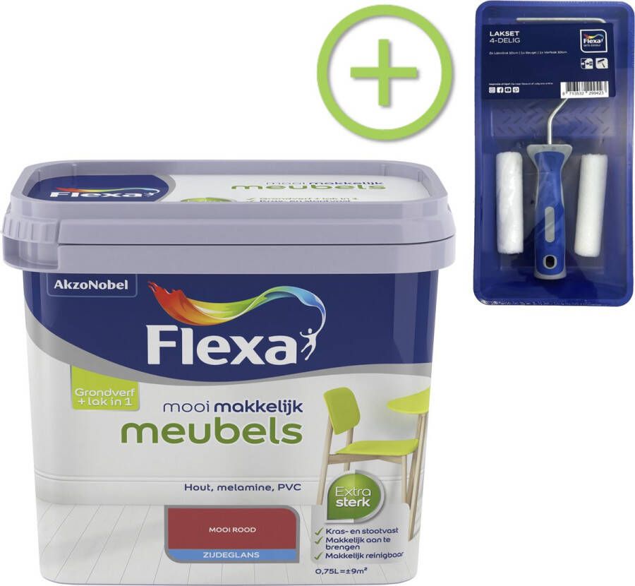 Flexa Mooi Makkelijk Meubels Mooi Rood 750 ml + Lakroller 4 delig