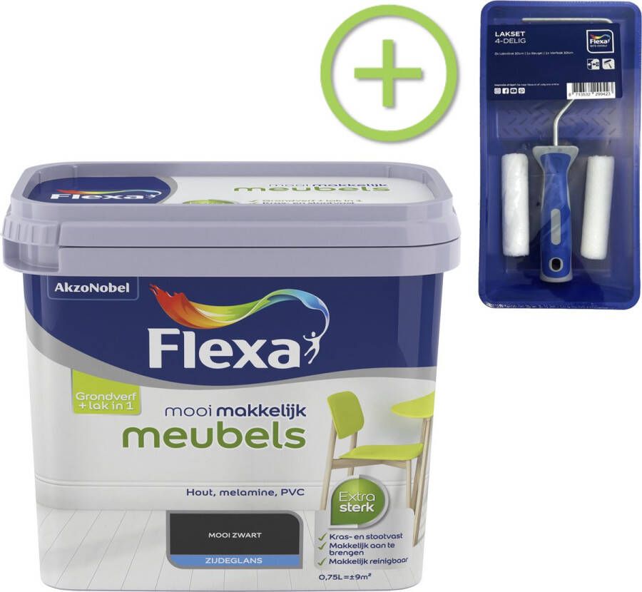 Flexa Mooi Makkelijk Meubels Mooi Zwart 750 ml + Lakroller 4 delig