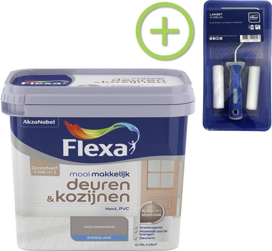 Flexa Mooi Makkelijk Verf Deuren en Kozijnen Mooi Warmgrijs 750ml + Lakroller 4 delig