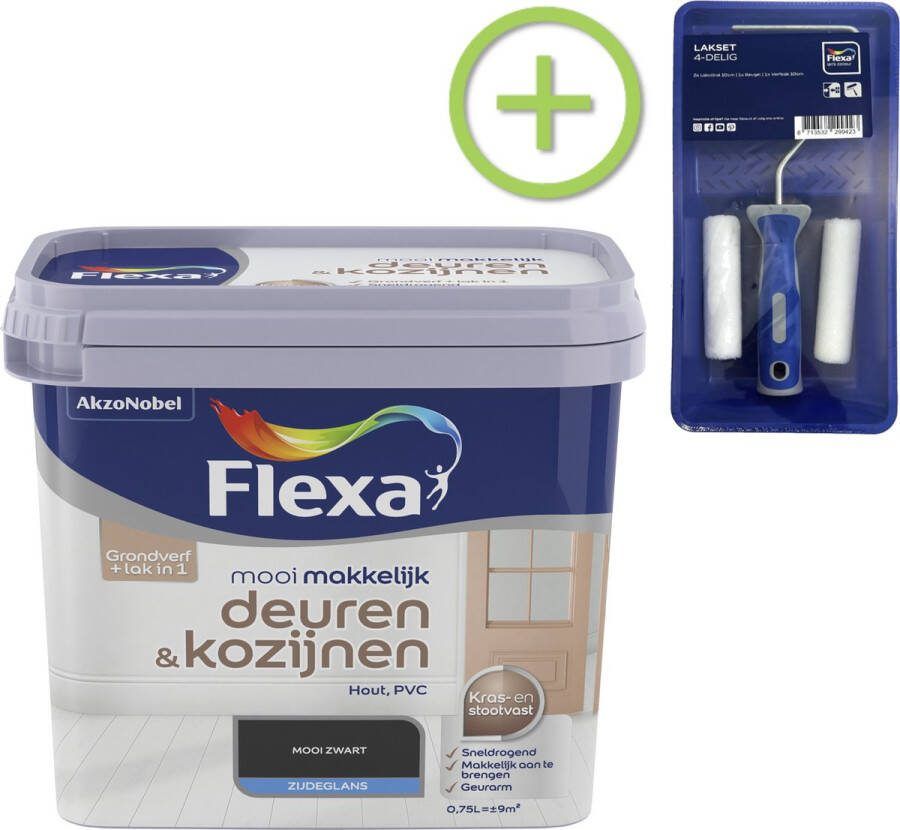Flexa Mooi Makkelijk Verf Deuren en Kozijnen Mooi Zwart 750 ml + Lakroller 4 delig