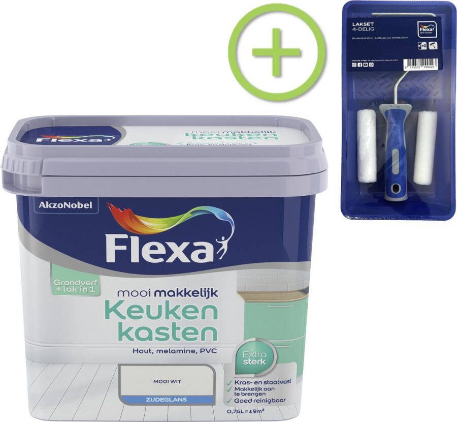 Flexa Mooi Makkelijk Verf Keukenkasten Mooi Wit 750 ml + Lakroller 4 delig
