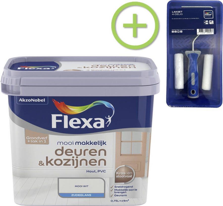 Flexa Mooi Makkelijk Verf Lak Deuren en Kozijnen Mooi Wit 750 ml + Lakroller 4 delig