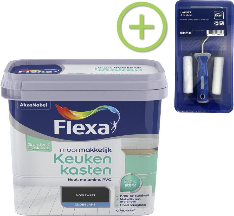 Flexa Mooi Makkelijk Verf Lak Keukenkasten Mooi Zwart 750 ml + Lakroller 4 delig